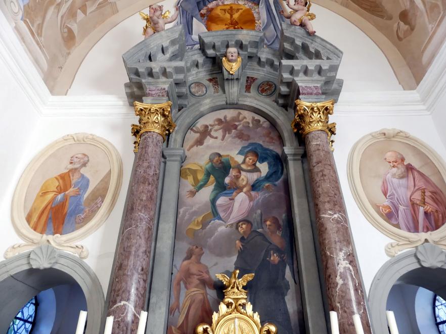 Johann Jakob Herkomer (1684–1717), Hochaltarblatt: Hl. Familie, hl. Sebastian, hl. Antonius, Sameister, Familienkapelle Herkomer "Mariä Sieben Schmerzen", 1690, Bild 2/2