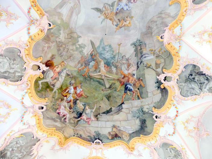 Matthäus Günther (1730–1787), Fresken. Langhaus: Martyrium des Heiligen Petrus in der Landschaft; Zwickelkartuschen: Szenen aus dem Leben des Heiligen Petrus; Chor: vier Kartuschen., Geiselhöring, Pfarrkirche St. Petrus und Erasmus, 1765, Bild 2/15