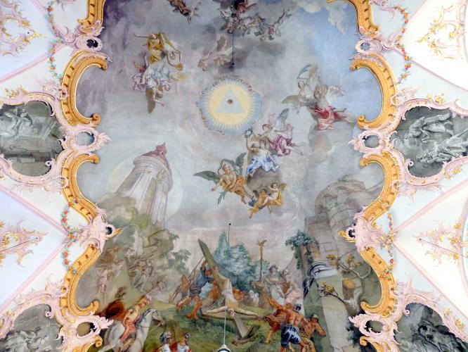 Matthäus Günther (1730–1787), Fresken. Langhaus: Martyrium des Heiligen Petrus in der Landschaft; Zwickelkartuschen: Szenen aus dem Leben des Heiligen Petrus; Chor: vier Kartuschen., Geiselhöring, Pfarrkirche St. Petrus und Erasmus, 1765, Bild 3/15