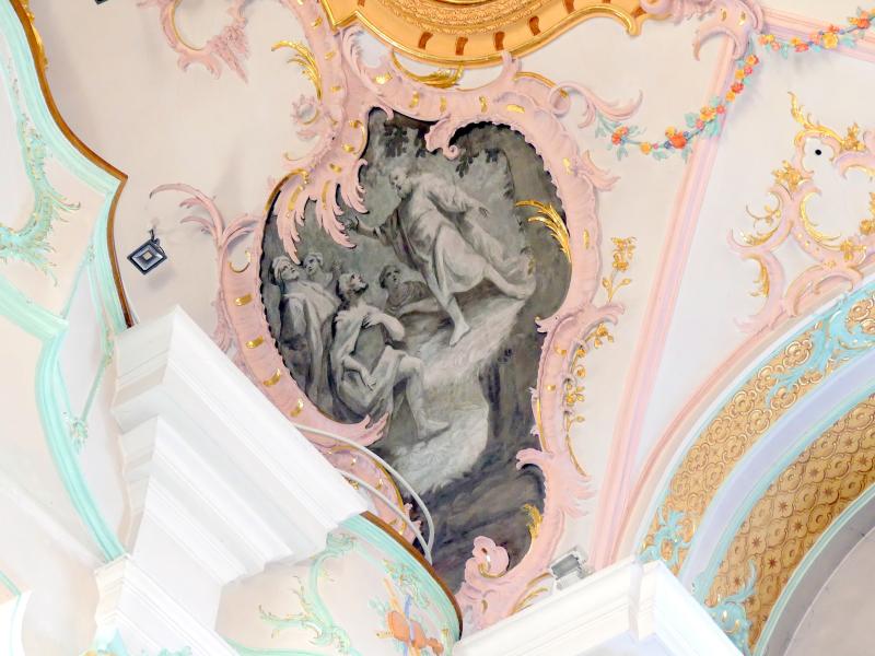 Matthäus Günther (1730–1787), Fresken. Langhaus: Martyrium des Heiligen Petrus in der Landschaft; Zwickelkartuschen: Szenen aus dem Leben des Heiligen Petrus; Chor: vier Kartuschen., Geiselhöring, Pfarrkirche St. Petrus und Erasmus, 1765, Bild 4/15