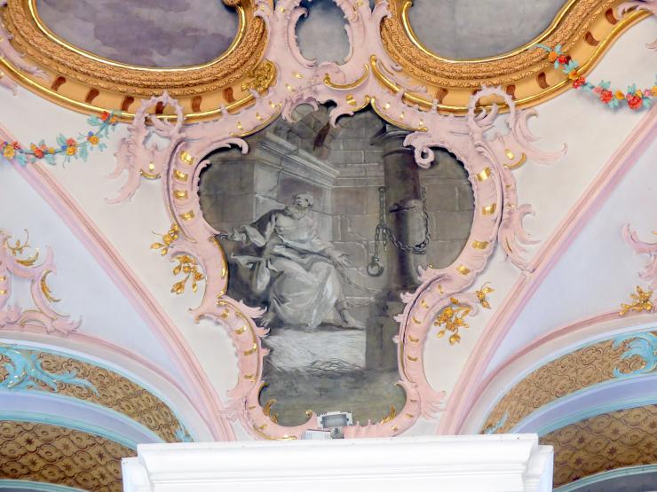 Matthäus Günther (1730–1787), Fresken. Langhaus: Martyrium des Heiligen Petrus in der Landschaft; Zwickelkartuschen: Szenen aus dem Leben des Heiligen Petrus; Chor: vier Kartuschen., Geiselhöring, Pfarrkirche St. Petrus und Erasmus, 1765, Bild 5/15