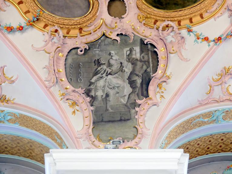Matthäus Günther (1730–1787), Fresken. Langhaus: Martyrium des Heiligen Petrus in der Landschaft; Zwickelkartuschen: Szenen aus dem Leben des Heiligen Petrus; Chor: vier Kartuschen., Geiselhöring, Pfarrkirche St. Petrus und Erasmus, 1765, Bild 6/15