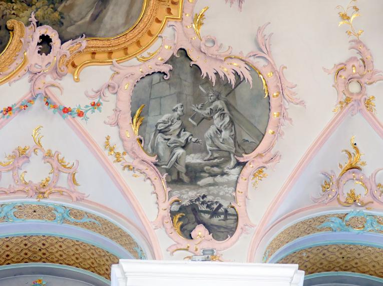 Matthäus Günther (1730–1787), Fresken. Langhaus: Martyrium des Heiligen Petrus in der Landschaft; Zwickelkartuschen: Szenen aus dem Leben des Heiligen Petrus; Chor: vier Kartuschen., Geiselhöring, Pfarrkirche St. Petrus und Erasmus, 1765, Bild 7/15