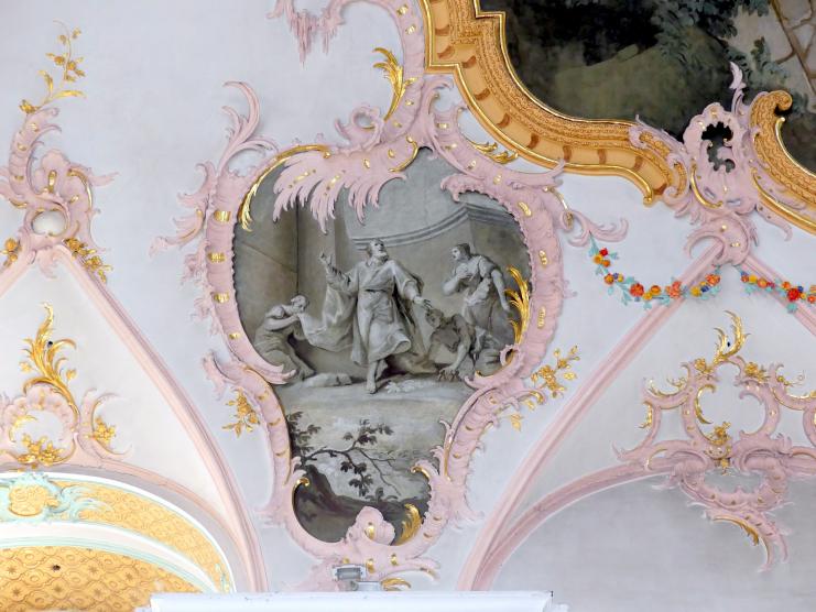 Matthäus Günther (1730–1787), Fresken. Langhaus: Martyrium des Heiligen Petrus in der Landschaft; Zwickelkartuschen: Szenen aus dem Leben des Heiligen Petrus; Chor: vier Kartuschen., Geiselhöring, Pfarrkirche St. Petrus und Erasmus, 1765, Bild 8/15