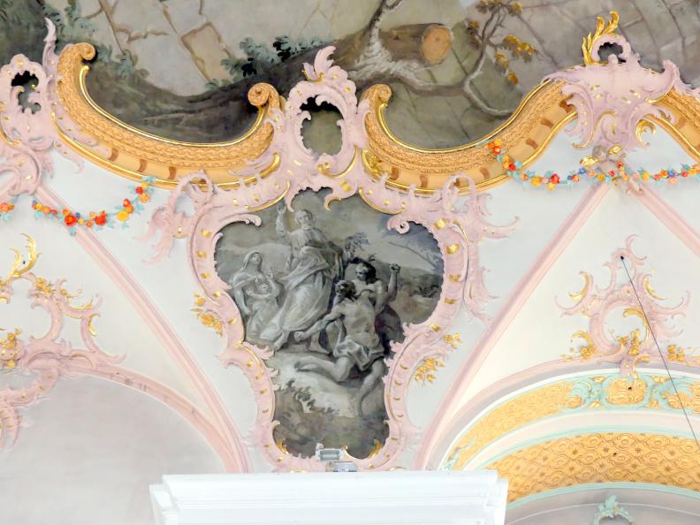 Matthäus Günther (1730–1787), Fresken. Langhaus: Martyrium des Heiligen Petrus in der Landschaft; Zwickelkartuschen: Szenen aus dem Leben des Heiligen Petrus; Chor: vier Kartuschen., Geiselhöring, Pfarrkirche St. Petrus und Erasmus, 1765, Bild 9/15