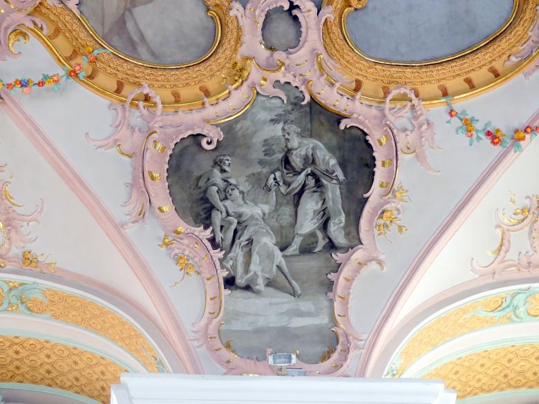 Matthäus Günther (1730–1787), Fresken. Langhaus: Martyrium des Heiligen Petrus in der Landschaft; Zwickelkartuschen: Szenen aus dem Leben des Heiligen Petrus; Chor: vier Kartuschen., Geiselhöring, Pfarrkirche St. Petrus und Erasmus, 1765, Bild 10/15