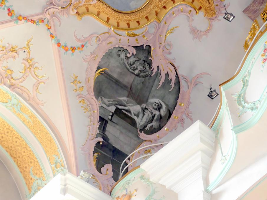 Matthäus Günther (1730–1787), Fresken. Langhaus: Martyrium des Heiligen Petrus in der Landschaft; Zwickelkartuschen: Szenen aus dem Leben des Heiligen Petrus; Chor: vier Kartuschen., Geiselhöring, Pfarrkirche St. Petrus und Erasmus, 1765, Bild 11/15