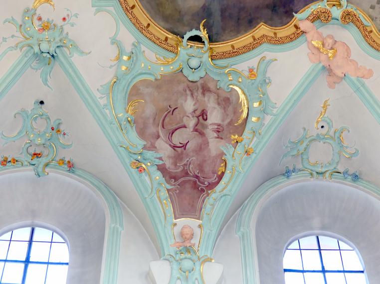 Matthäus Günther (1730–1787), Fresken. Langhaus: Martyrium des Heiligen Petrus in der Landschaft; Zwickelkartuschen: Szenen aus dem Leben des Heiligen Petrus; Chor: vier Kartuschen., Geiselhöring, Pfarrkirche St. Petrus und Erasmus, 1765, Bild 12/15