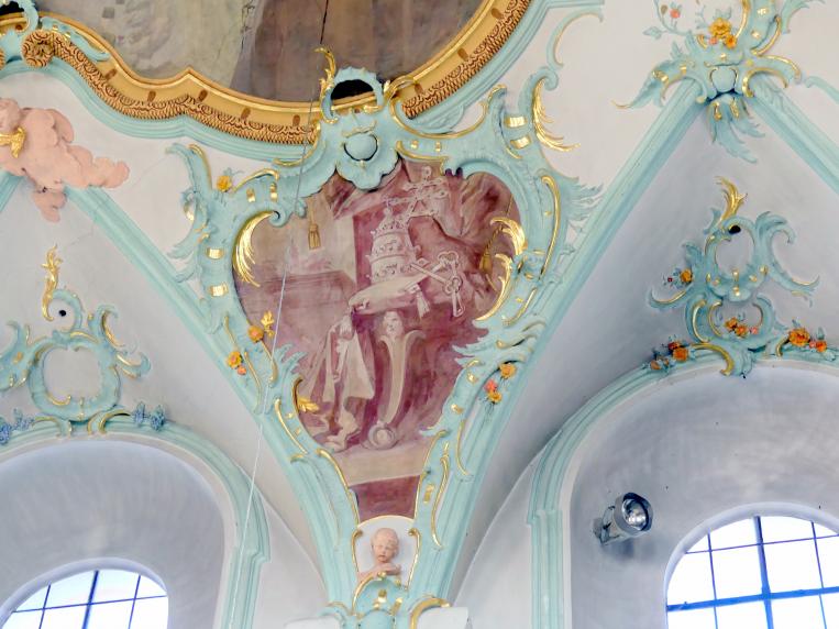 Matthäus Günther (1730–1787), Fresken. Langhaus: Martyrium des Heiligen Petrus in der Landschaft; Zwickelkartuschen: Szenen aus dem Leben des Heiligen Petrus; Chor: vier Kartuschen., Geiselhöring, Pfarrkirche St. Petrus und Erasmus, 1765, Bild 13/15