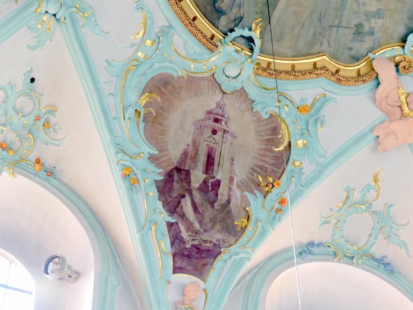 Matthäus Günther (1730–1787), Fresken. Langhaus: Martyrium des Heiligen Petrus in der Landschaft; Zwickelkartuschen: Szenen aus dem Leben des Heiligen Petrus; Chor: vier Kartuschen., Geiselhöring, Pfarrkirche St. Petrus und Erasmus, 1765, Bild 14/15