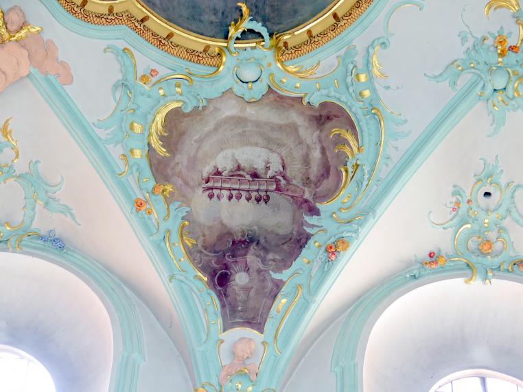 Matthäus Günther (1730–1787), Fresken. Langhaus: Martyrium des Heiligen Petrus in der Landschaft; Zwickelkartuschen: Szenen aus dem Leben des Heiligen Petrus; Chor: vier Kartuschen., Geiselhöring, Pfarrkirche St. Petrus und Erasmus, 1765, Bild 15/15