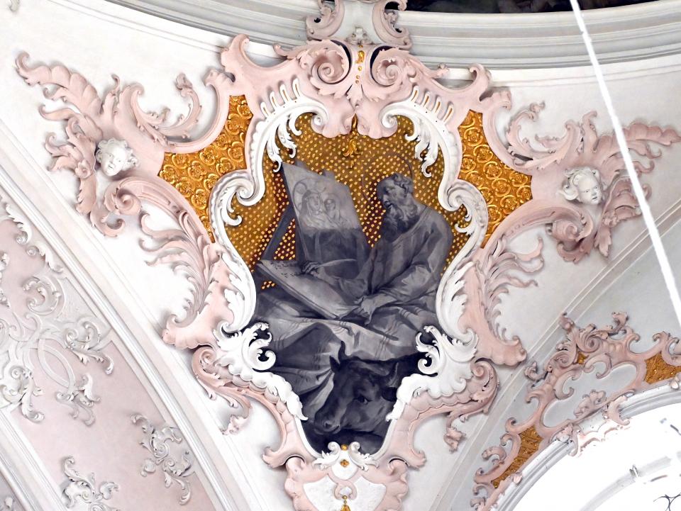 Matthäus Günther (1730–1787), Grisaille-Kartuschen Die vier Evangelisten, Mittenwald, Pfarrkirche St. Peter und Paul, 1740, Bild 3/4