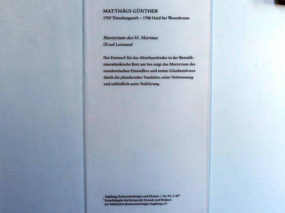 Matthäus Günther (1730–1787), Ölgemälde Martyrium des Hl. Marinus, Rott am Inn, ehem. Benediktinerkloster, ehem. Klosterkirche, jetzt Pfarrkirche St. Marinus und St. Anianus, jetzt Augsburg, Deutsche Barockgalerie im Schaezlerpalais, Saal 20 - Entwürfe für Deckenfresken, 1759, Bild 2/2