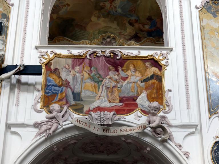 Cosmas Damian Asam (1713–1738), Fresko Die Tugenden des Hl. Korbinian an der Westpartie des Mittelschiffgewölbes, Freising, Dom St. Maria und St. Korbinian, 1723–1724, Bild 2/12