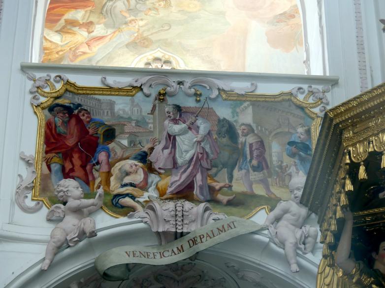 Cosmas Damian Asam (1713–1738), Fresko Die Tugenden des Hl. Korbinian an der Westpartie des Mittelschiffgewölbes, Freising, Dom St. Maria und St. Korbinian, 1723–1724, Bild 11/12