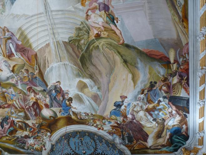 Cosmas Damian Asam (1713–1738), Deckenfresko Mysterium der Menschwerdung Christi, Ingolstadt, Asamkirche (Kongregationssaal Maria de Victoria, seit 1807 Kirche), 1734, Bild 10/22