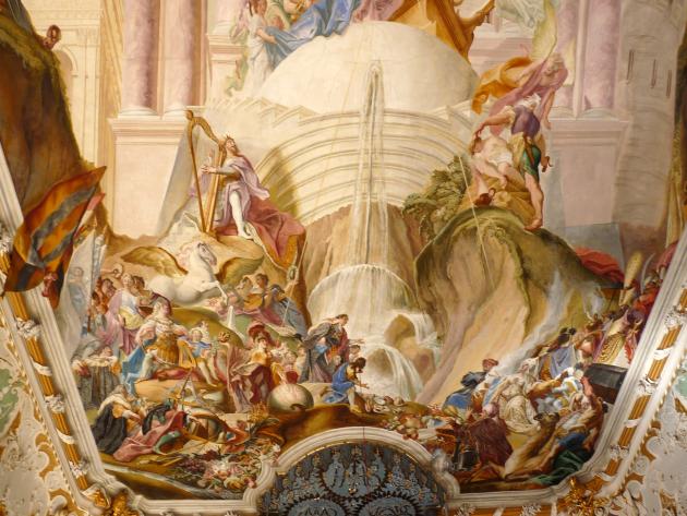 Cosmas Damian Asam (1713–1738), Deckenfresko Mysterium der Menschwerdung Christi, Ingolstadt, Asamkirche (Kongregationssaal Maria de Victoria, seit 1807 Kirche), 1734, Bild 15/22