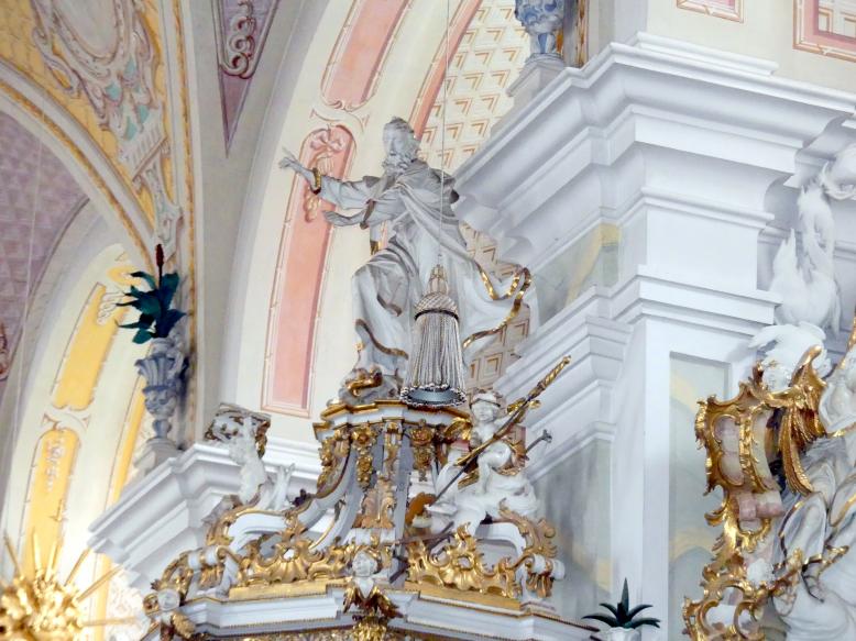 Christian Jorhan der Ältere (1750–1802), Figuren auf dem Schalldeckel der Kanzel, Mallersdorf, ehem. Klosterkirche, heute Pfarrkirche St. Johannes Evangelist, 1776