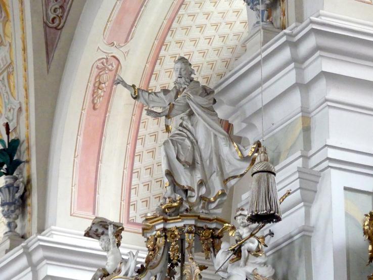 Christian Jorhan der Ältere (1750–1802), Figuren auf dem Schalldeckel der Kanzel, Mallersdorf, ehem. Klosterkirche, heute Pfarrkirche St. Johannes Evangelist, 1776, Bild 3/7