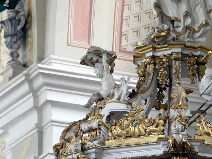 Christian Jorhan der Ältere (1750–1802), Figuren auf dem Schalldeckel der Kanzel, Mallersdorf, ehem. Klosterkirche, heute Pfarrkirche St. Johannes Evangelist, 1776, Bild 4/7