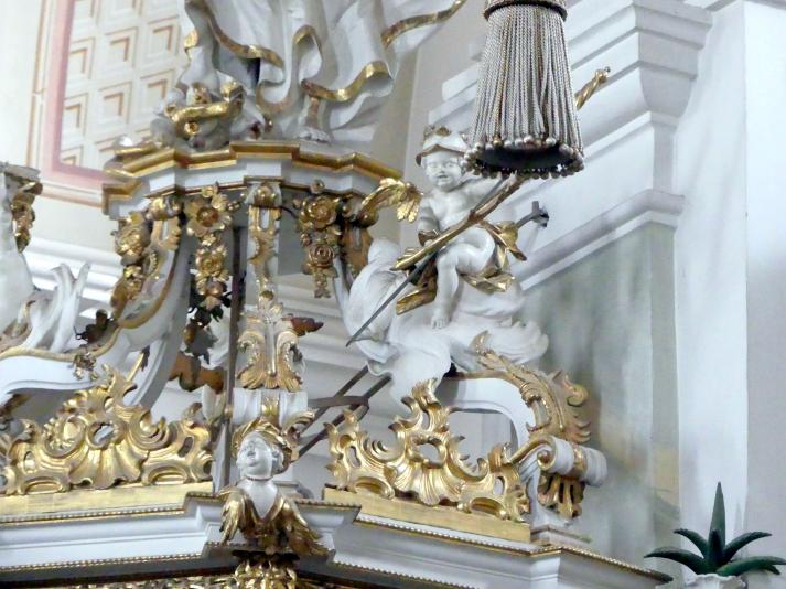 Christian Jorhan der Ältere (1750–1802), Figuren auf dem Schalldeckel der Kanzel, Mallersdorf, ehem. Klosterkirche, heute Pfarrkirche St. Johannes Evangelist, 1776, Bild 5/7