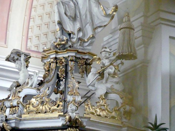 Christian Jorhan der Ältere (1750–1802), Figuren auf dem Schalldeckel der Kanzel, Mallersdorf, ehem. Klosterkirche, heute Pfarrkirche St. Johannes Evangelist, 1776, Bild 6/7