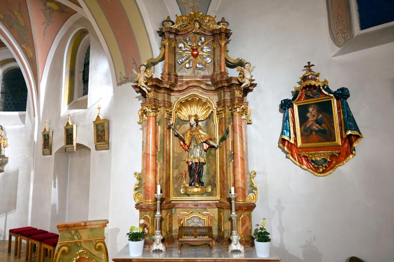 Simon Sorg (1740–1792), Seitenaltar St. Johann Nepomuk, Regensburg-Harting, Pfarrkirche St. Koloman, ehem. St. Emmeram inkorporiert, 1748–1750