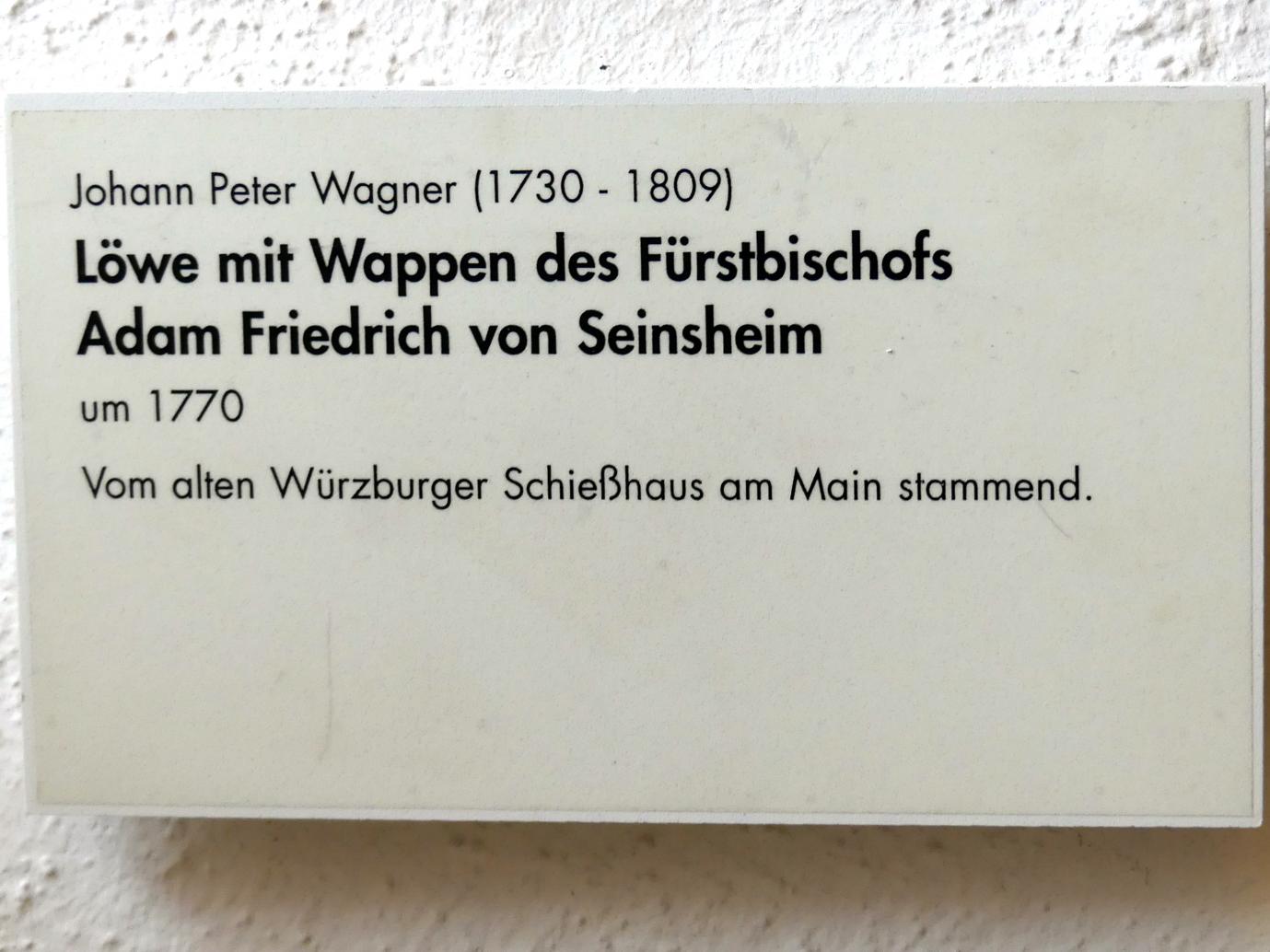 Johann Peter Wagner (1755–1797), Löwe mit Wappen, Würzburg, ehem. Schießhaus der Königlich-priviligierten Hauptschützengesellschaft Würzburg von 1392, jetzt Würzburg, Museum für Franken (ehem. Mainfränkisches Museum), Treppenhaus, 1770, Bild 5/5