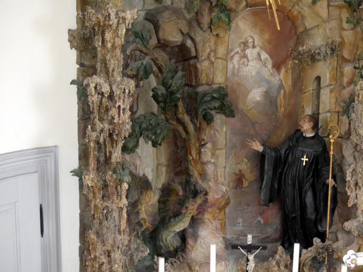 Franz Joseph Spiegler (1718–1755), Tafelbild "Maria mit Kind, dargestellt in einer Felslandschaft, auf der von der Schlange umwundenen Weltkugel thronend", Gossenzugen, Kapelle St. Magnus, 1752, Bild 4/4