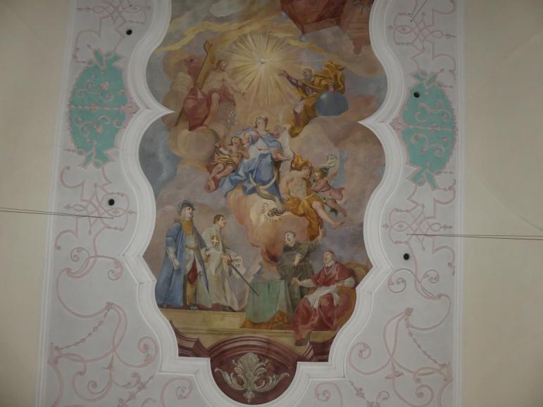 Otto Gebhard (1726–1772), Langhausfresko "Maria als Fürsprecherin für die Menschheit", Pettenreuth, Pfarrkirche Mariä Himmelfahrt, 1738–1739, Bild 4/5