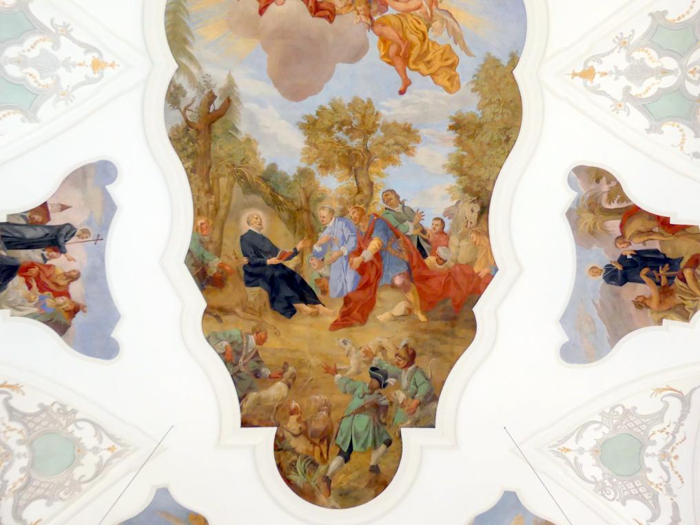 Otto Gebhard (1726–1772), Langhausfresko 'Das Zusammentreffen des Hl. Ägidius mit der Jagdgesellschaft Herzog Wambas' (Zuschreibung), Hainsacker, Pfarrkirche St. Ägidius, 1738–1742, Bild 2/3