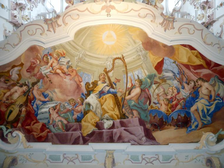 Otto Gebhard (1726–1772), Fresko unterhalb der Orgelempore 'Der musizierende König David', Reichenbach (Landkreis Cham), ehem. Benediktinerkloster, ehem. Abteikirche, heute Filialkirche Mariä Himmelfahrt, 1743–1744, Bild 2/3