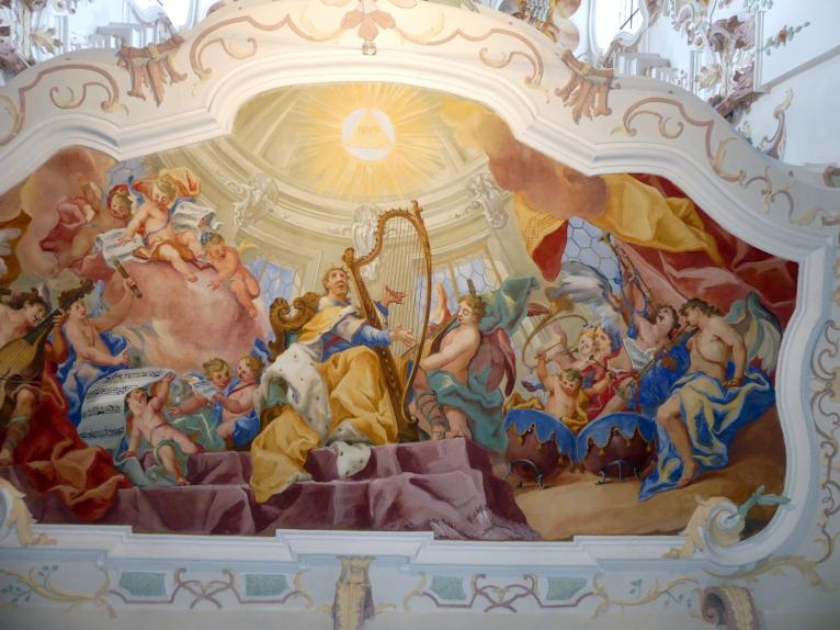 Otto Gebhard (1726–1772), Fresko unterhalb der Orgelempore 'Der musizierende König David', Reichenbach (Landkreis Cham), ehem. Benediktinerkloster, ehem. Abteikirche, heute Filialkirche Mariä Himmelfahrt, 1743–1744, Bild 3/3
