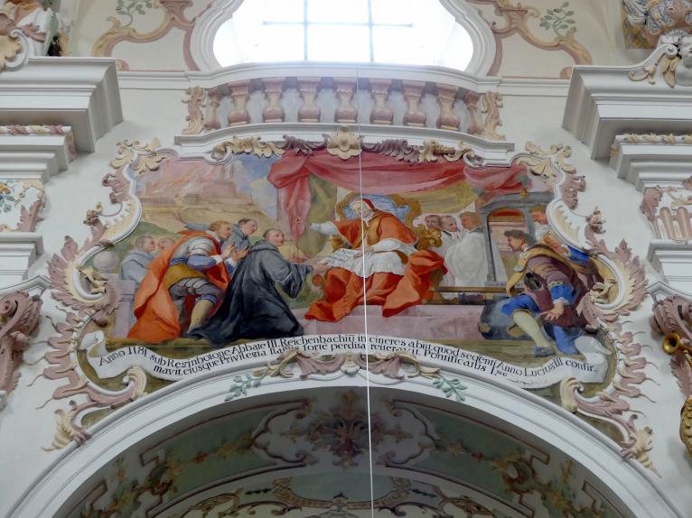 Johann Gebhard (1704–1751), Zwölf Fresken an den Obergadenwänden im Chor- und Langhaus, Reichenbach (Landkreis Cham), ehem. Benediktinerkloster, ehem. Abteikirche, heute Filialkirche Mariä Himmelfahrt, 1743–1744, Bild 7/10