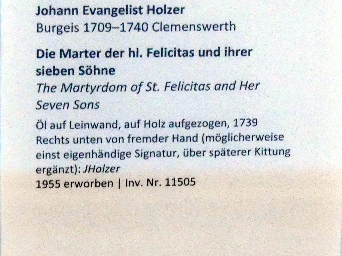 Johann Evangelist Holzer (1727–1739), Marter der Hl. Felicitas und ihrer sieben Söhne, Münsterschwarzach, Benediktinerabtei, Klosterkirche St. Felicitas (1821-1827 abgerissen), jetzt Augsburg, Deutsche Barockgalerie im Schaezlerpalais, Saal 20 - Entwürfe für Deckenfresken, 1739, Bild 2/2