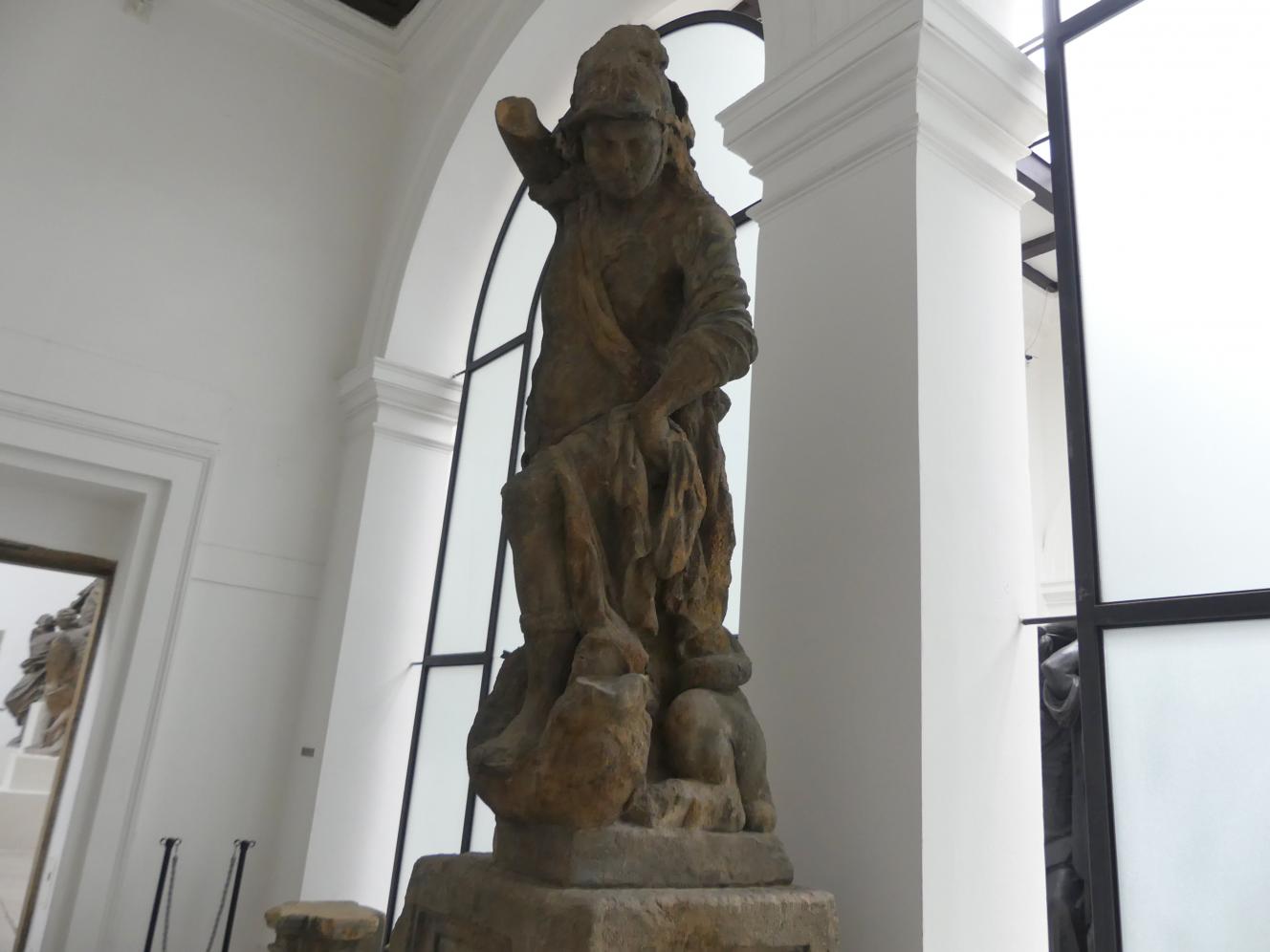 Johann Georg Bendl (1650–1680), Engel, der mit einem Drachen kämpft, Prag-Altstadt, Altstädter Ring, jetzt Prag-Holešovice, Lapidarium, Saal 5, 1650, Bild 3/3