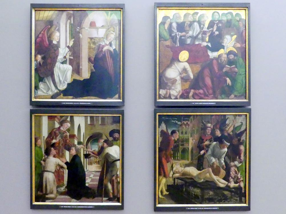 Michael Pacher (1461–1497), Innenseite des Schreinflügels des Hochaltars 'Tod Mariens', St. Lorenzen, Pfarrkirche St. Laurentius, jetzt München, Alte Pinakothek, Erdgeschoss Saal II, 1465, Bild 2/3