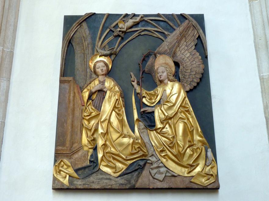 Michael Pacher (1461–1497), Grieser Altar, Flügelreliefs: Verkündigung an Maria und Anbetung der Könige, Bozen-Gries, Alte Pfarrkirche Unsere Liebe Frau, 1471–1475, Bild 2/2
