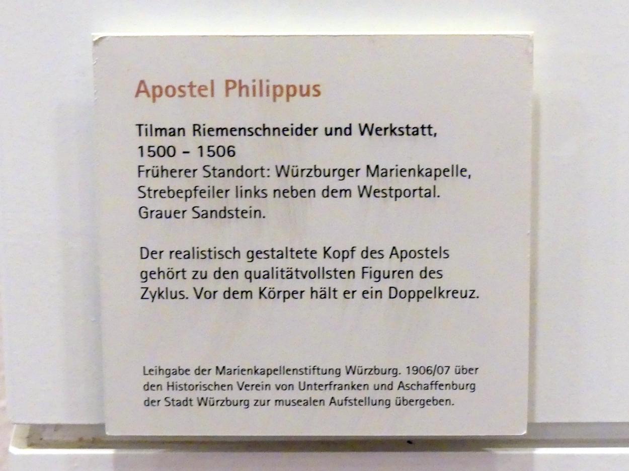 Tilman Riemenschneider (1487–1523), Apostel Philippus, Würzburg, Marienkapelle, jetzt Würzburg, Museum für Franken (ehem. Mainfränkisches Museum), Riemenschneider-Saal, 1500–1506, Bild 2/2