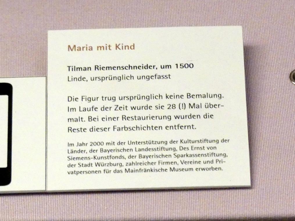 Tilman Riemenschneider (1487–1523), Maria mit Kind, Würzburg, Museum für Franken (ehem. Mainfränkisches Museum), Riemenschneider-Saal, um 1500, Bild 3/3