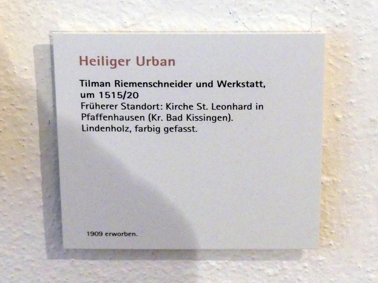 Tilman Riemenschneider (1487–1523), Hl. Urban, Pfaffenhausen (Hammelburg), Filialkirche St. Leonhard, jetzt Würzburg, Museum für Franken (ehem. Mainfränkisches Museum), Riemenschneider-Saal, um 1515–1520, Bild 2/2