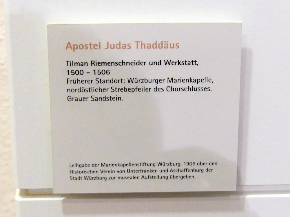 Tilman Riemenschneider (1487–1523), Apostel Judas Thaddäus, Würzburg, Marienkapelle, jetzt Würzburg, Museum für Franken (ehem. Mainfränkisches Museum), Riemenschneider-Saal, 1500–1506, Bild 2/2