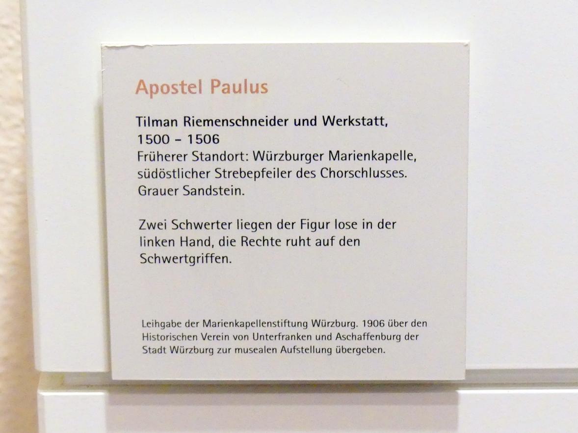 Tilman Riemenschneider (1487–1523), Apostel Paulus, Würzburg, Marienkapelle, jetzt Würzburg, Museum für Franken (ehem. Mainfränkisches Museum), Riemenschneider-Saal, 1500–1506, Bild 2/2