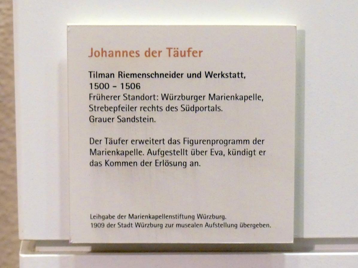 Tilman Riemenschneider (1487–1523), Johannes der Täufer, Würzburg, Marienkapelle, jetzt Würzburg, Museum für Franken (ehem. Mainfränkisches Museum), Riemenschneider-Saal, 1500–1506, Bild 2/2