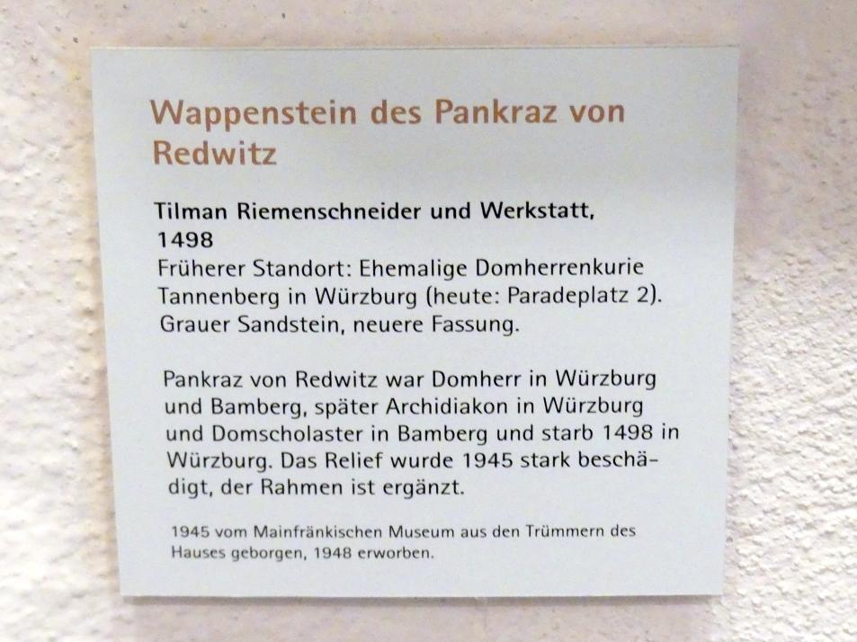 Tilman Riemenschneider (1487–1523), Wappenstein des Pankratz von Redwitz, Würzburg, ehem. Domherrenkurie Tannenberg, jetzt Würzburg, Museum für Franken (ehem. Mainfränkisches Museum), Riemenschneider-Saal, 1498, Bild 2/2