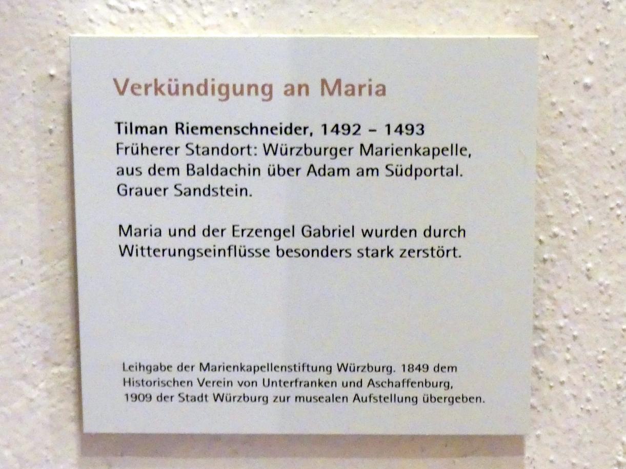 Tilman Riemenschneider (1487–1523), Verkündigung an Maria, Würzburg, Marienkapelle, jetzt Würzburg, Museum für Franken (ehem. Mainfränkisches Museum), Riemenschneider-Saal, 1492–1493, Bild 2/2