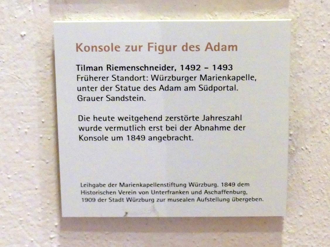 Tilman Riemenschneider (1487–1523), Konsole zur Figur des Adam, Würzburg, Marienkapelle, jetzt Würzburg, Museum für Franken (ehem. Mainfränkisches Museum), Riemenschneider-Saal, 1492–1493, Bild 2/2