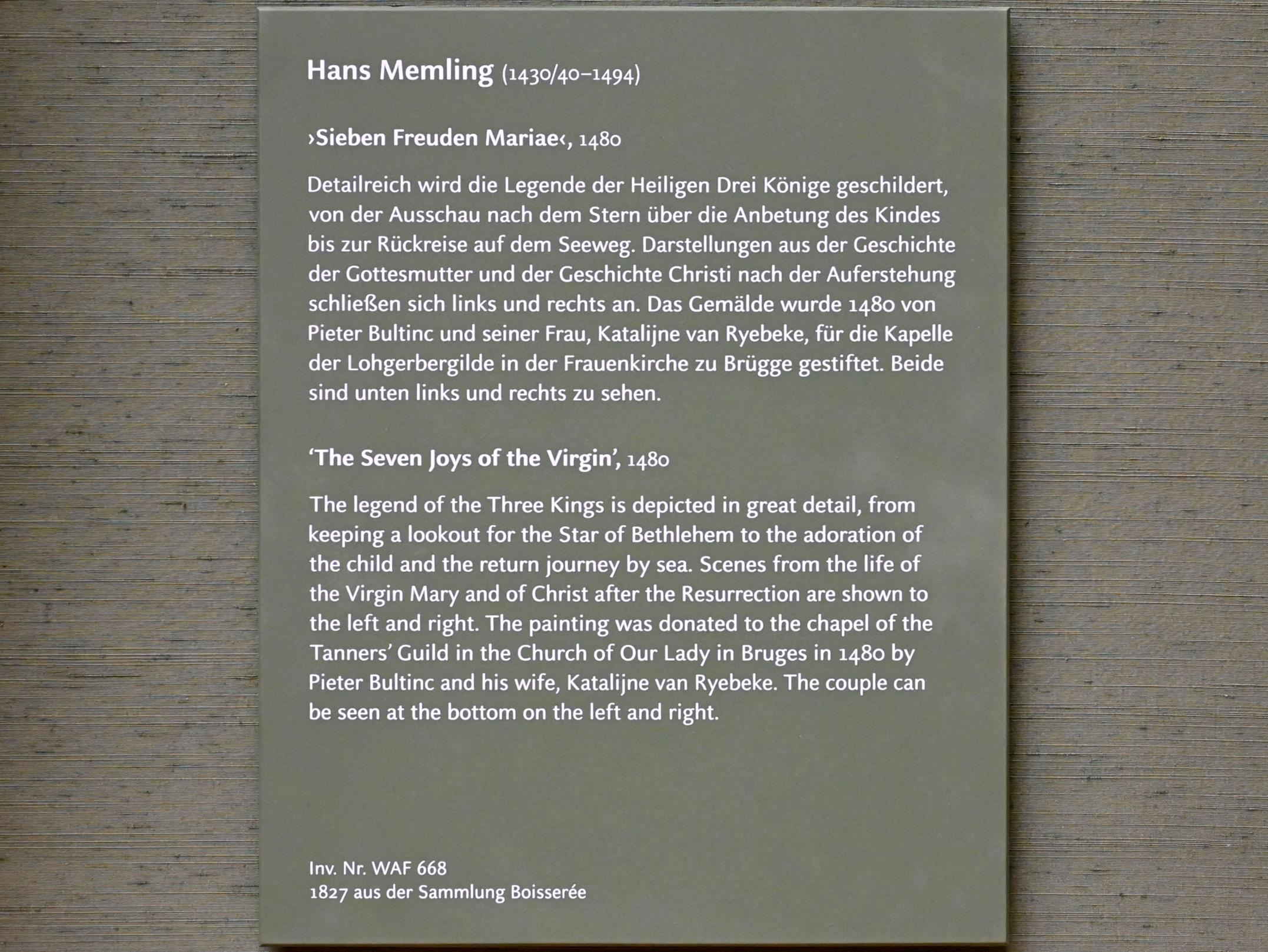 Hans Memling (1467–1491), Sieben Freuden Mariae, Brügge, Liebfrauenkirche, jetzt München, Alte Pinakothek, Obergeschoss Saal I, 1480, Bild 2/2