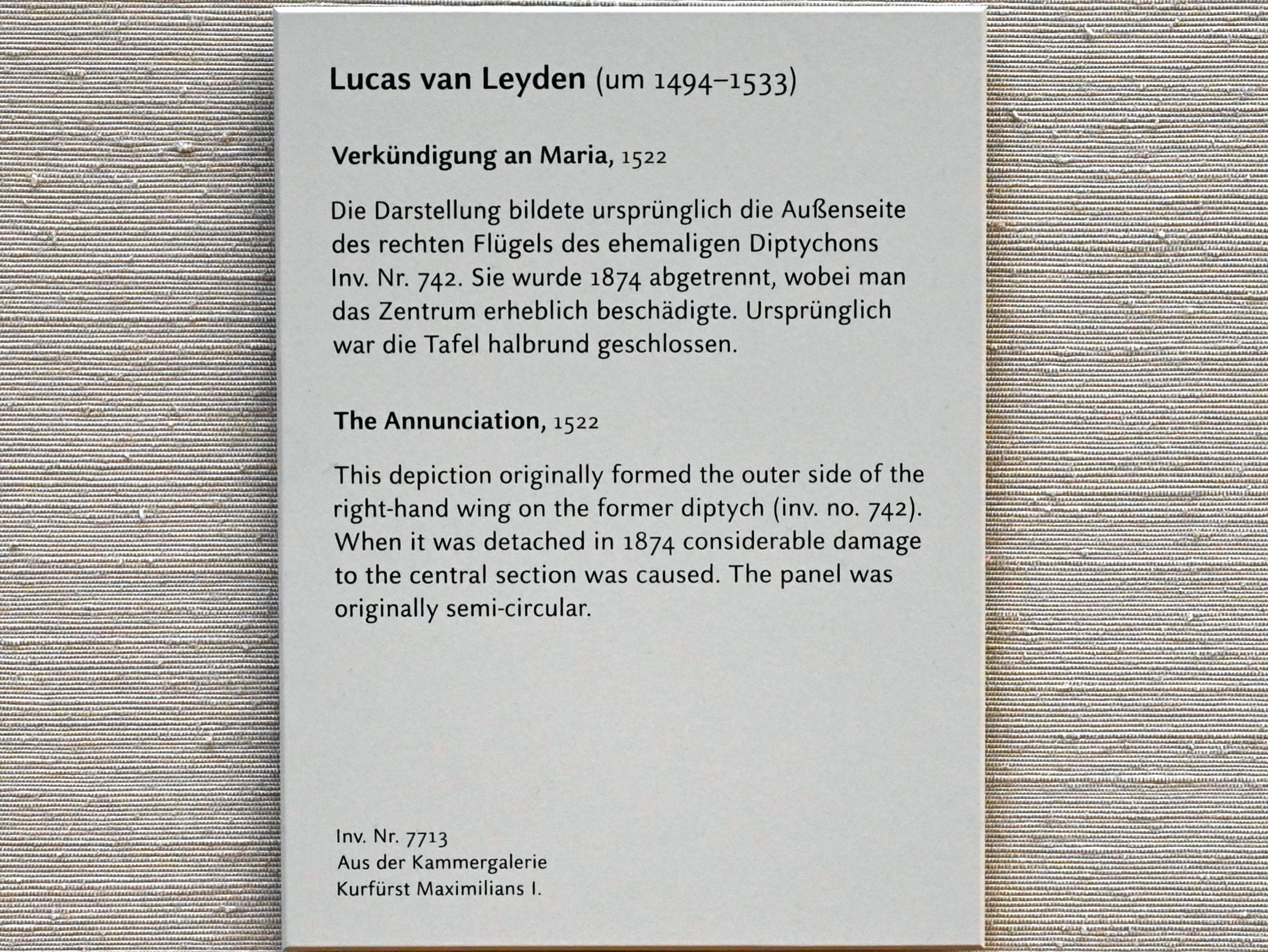 Lucas van Leyden (1509–1522), Verkündigung an Maria, München, Alte Pinakothek, Obergeschoss Saal IIa, 1522, Bild 2/2
