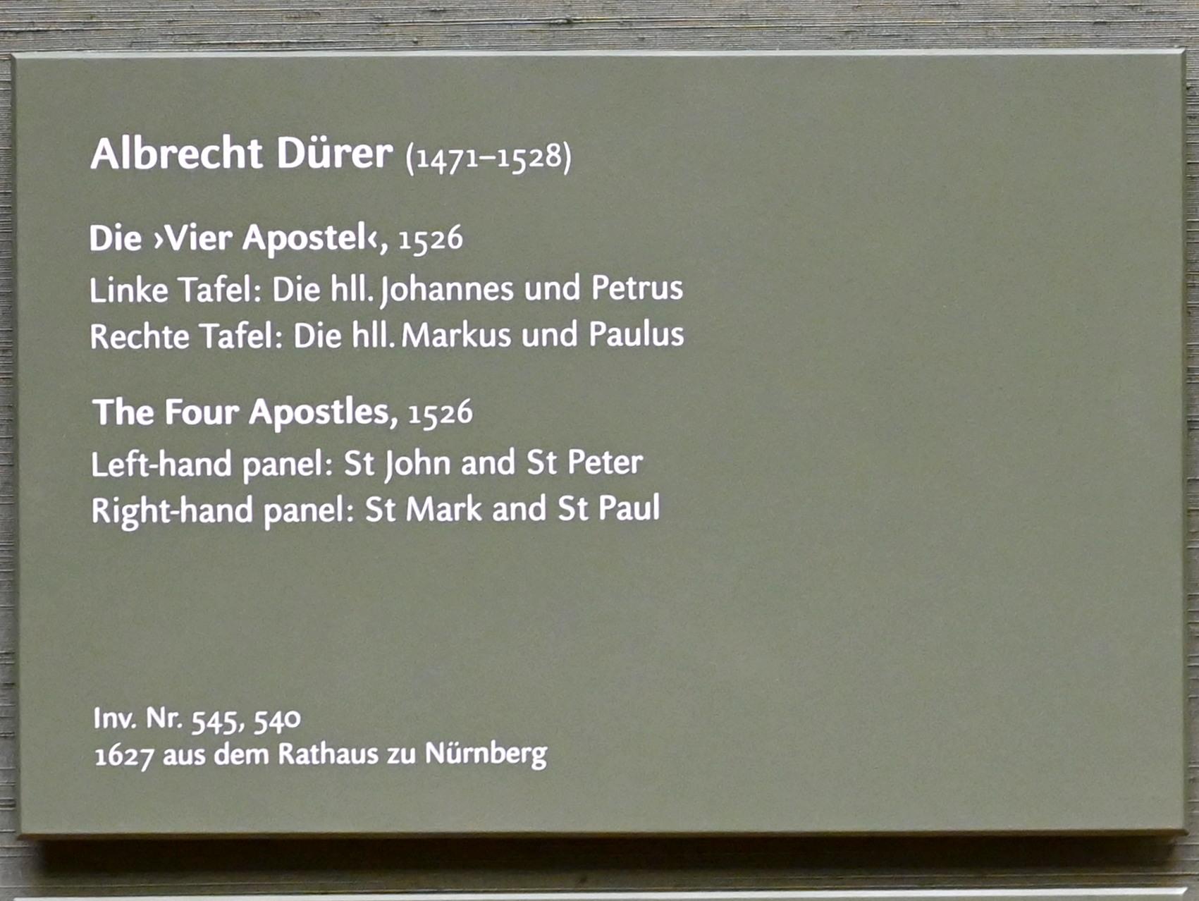 Albrecht Dürer (1490–1526), Die "Vier Apostel", München, Alte Pinakothek, Obergeschoss Saal II, 1526, Bild 2/3